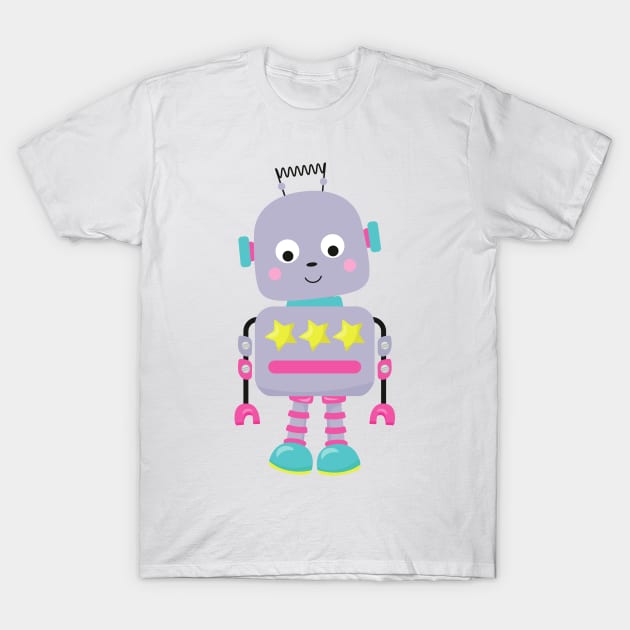 Cute Robot, Silly Robot, Funny Robot, Purple Robot T-Shirt by Jelena Dunčević